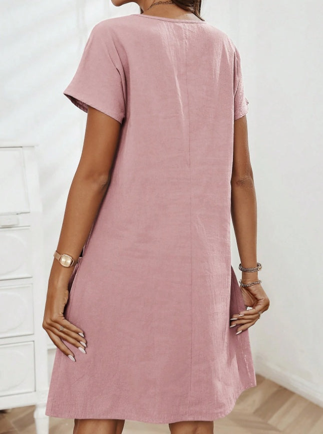 Casual Tunic Dress Short Sleeve Zipper Pockets