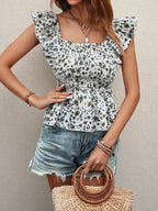 Sarah Express Women's Smocked Square Neck Ruffled Cap Sleeve Blouse