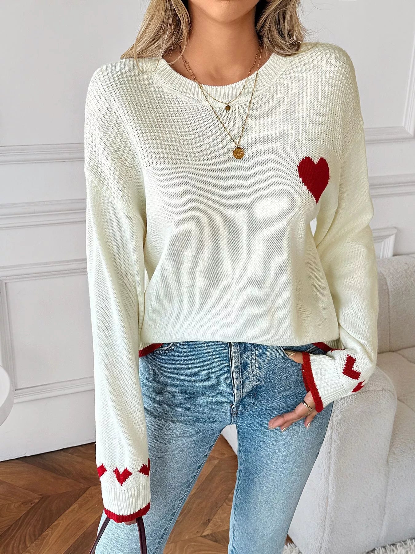 Sarah Express Women's Heart Pattern Dropped Shoulder Sweater White