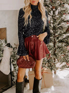 Sarah Express Women's Sequin Mock Neck Bell Sleeve Top - Backless Drape Design