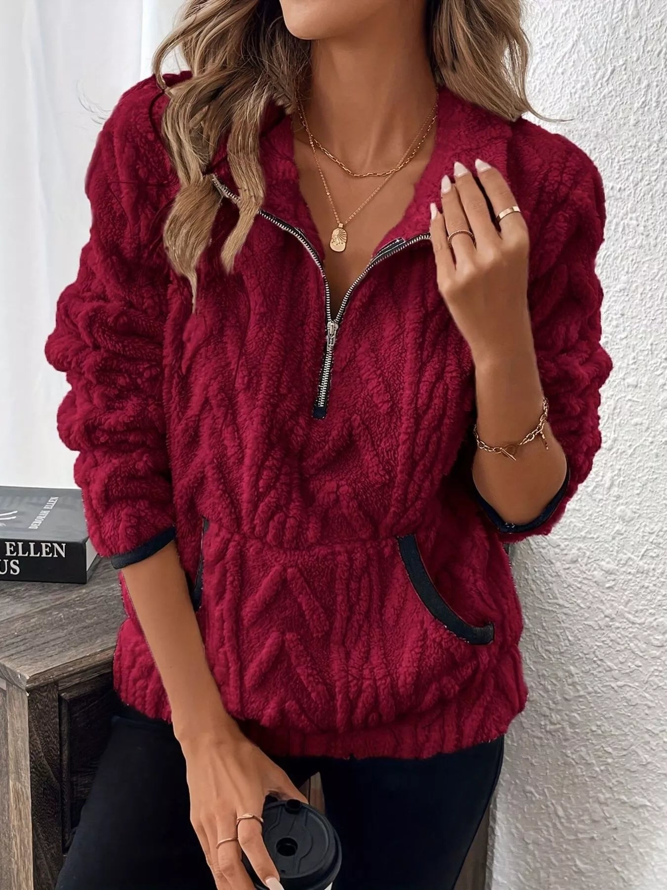Sarah Express Women's Cozy Sherpa Half Zip Sweatshirt Burgundy