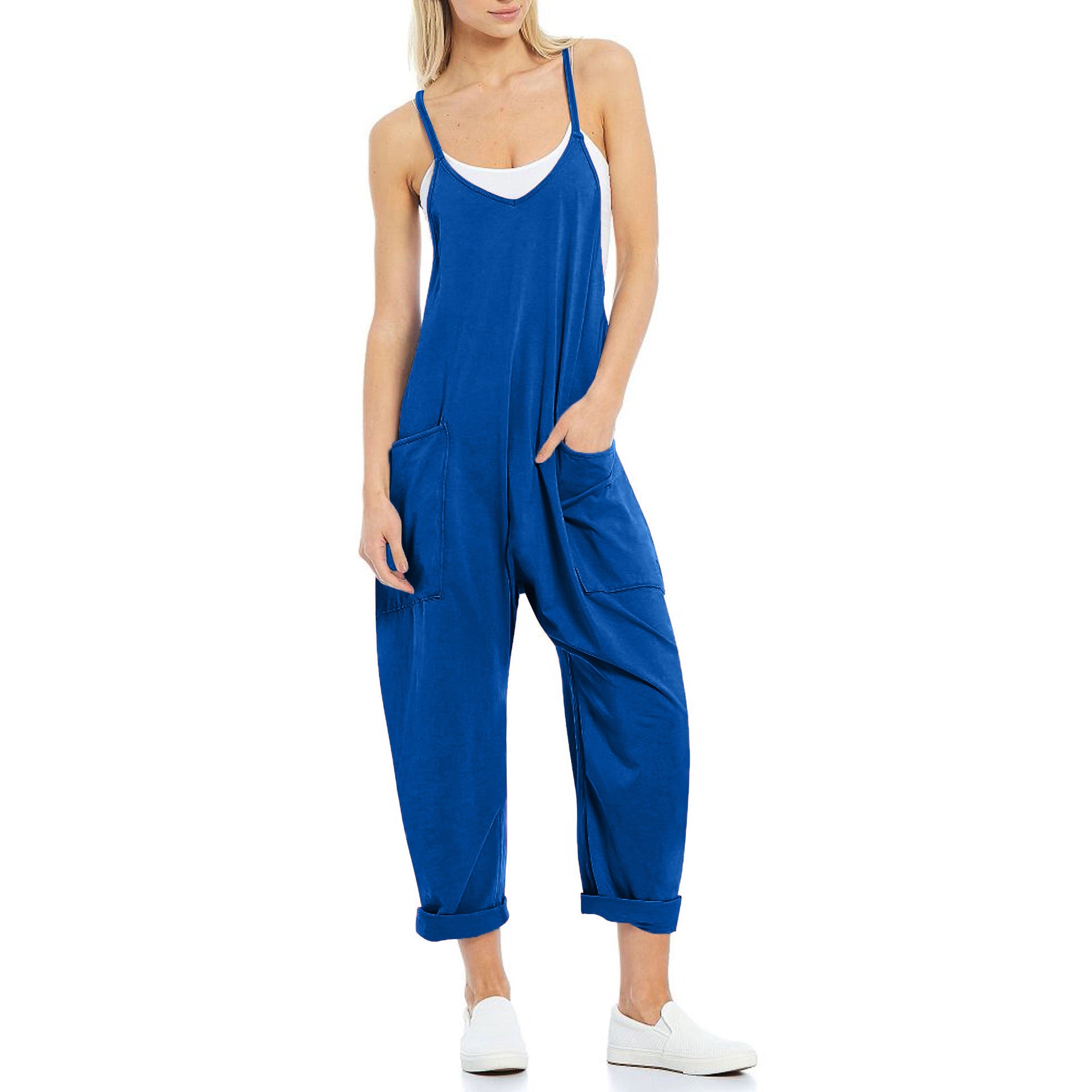 Women's Knitted Spaghetti Strap Jumpsuit - Loose Fit Wide Leg Overalls with Pockets
