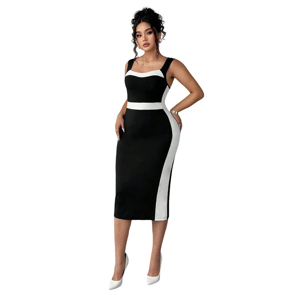Women's High Waist Sleeveless Contrasting Color Bodycon Midi Dress