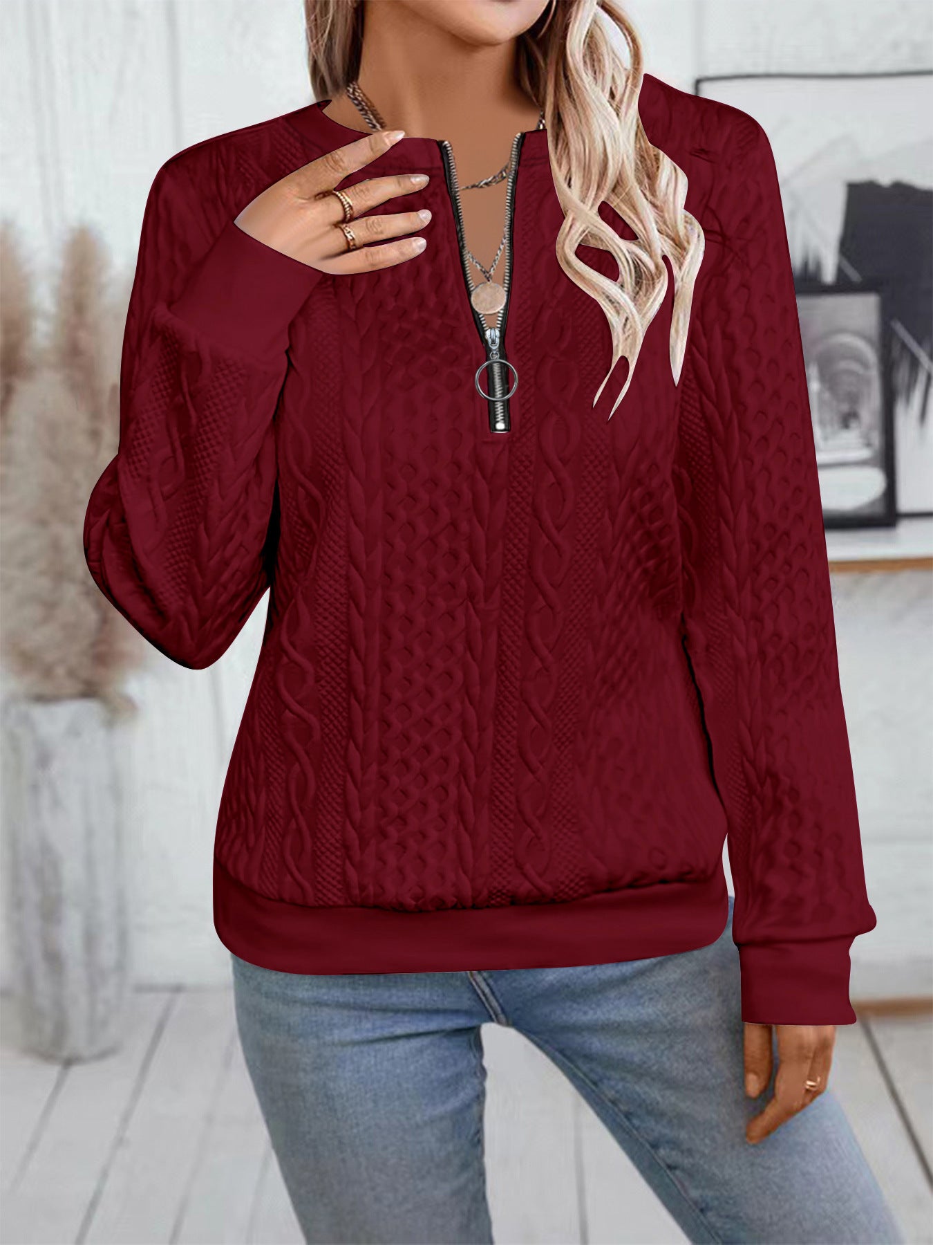 Women's Zipper Detail Long Sleeve Sweater Casual Loose Fit Pullover Top