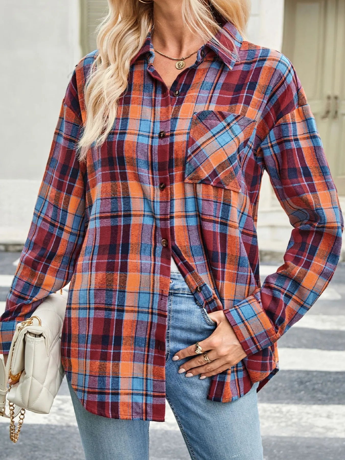 Sarah Express Women's Plaid Button Up Long Sleeve Shirt - Oversized Casual Top