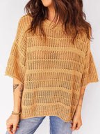Sarah Express Women's Hollow Out Openwork Knit 3/4 Sleeve Sweater Mustard