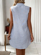Women's Striped Sleeveless V-Neck Button Front Midi Shirt Dress
