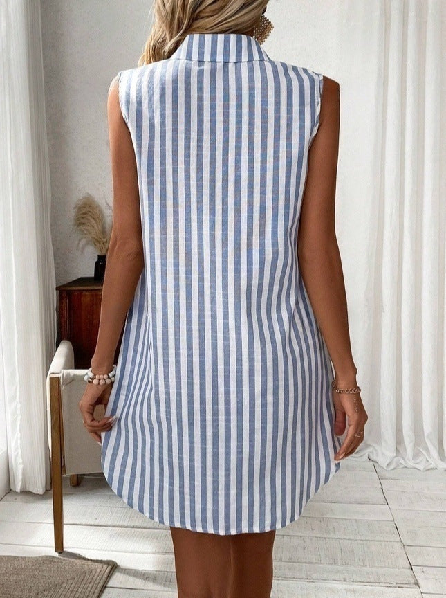 Women's Striped Sleeveless V-Neck Button Front Midi Shirt Dress