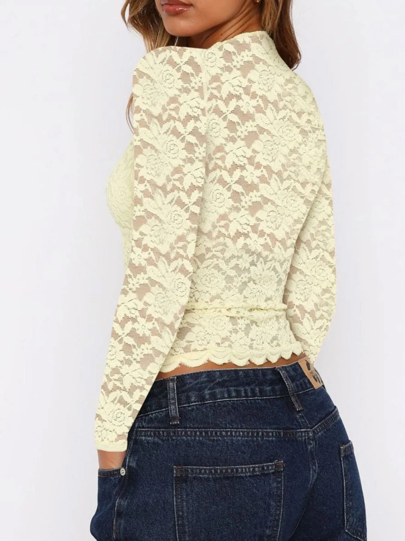 Sarah Express Women's Floral Lace Long Sleeve Deep V-Neck Blouse with Scalloped Hem