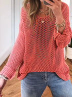 Sarah Express Women's Crochet Hollow Out Long Sleeve Knit Top