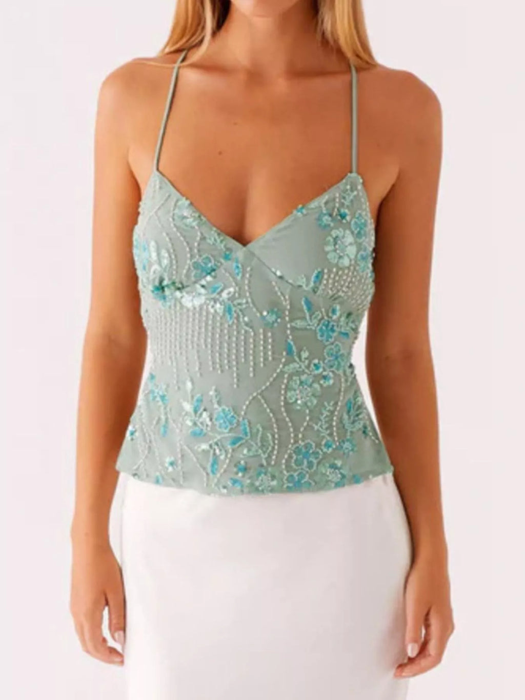 Sarah Express Women's Embroidered Sequin Tie Back Cami