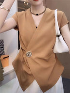 Sarah Express Women's Plus Size Wrap Front Blouse with Decorative Button Detail