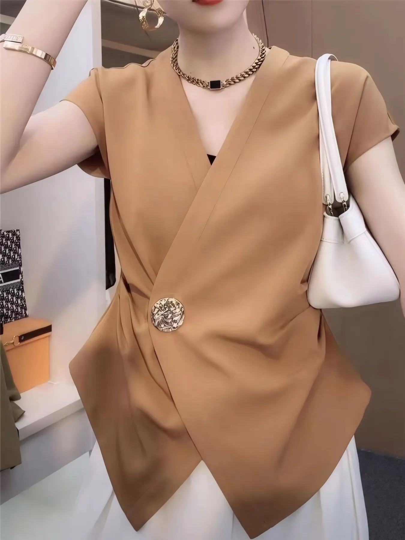 Sarah Express Women's Plus Size Wrap Front Blouse with Decorative Button Detail