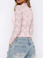 Sarah Express Women's Floral Lace Long Sleeve Deep V-Neck Blouse with Scalloped Hem