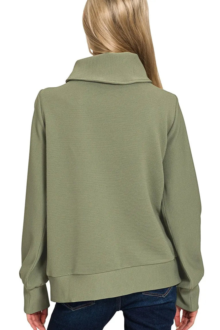 Sarah Express Women’s Ribbed High Neck Half Zip Lounge Set with Palazzo Pants