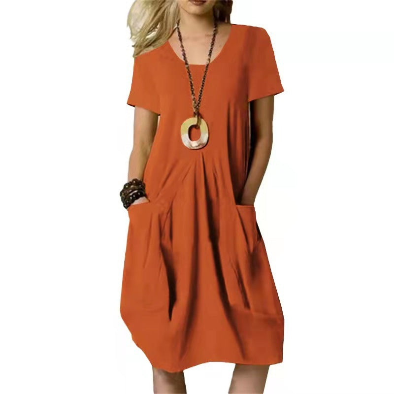 Women's Cotton Linen Loose Midi Dress Round Neck Short Sleeve Casual