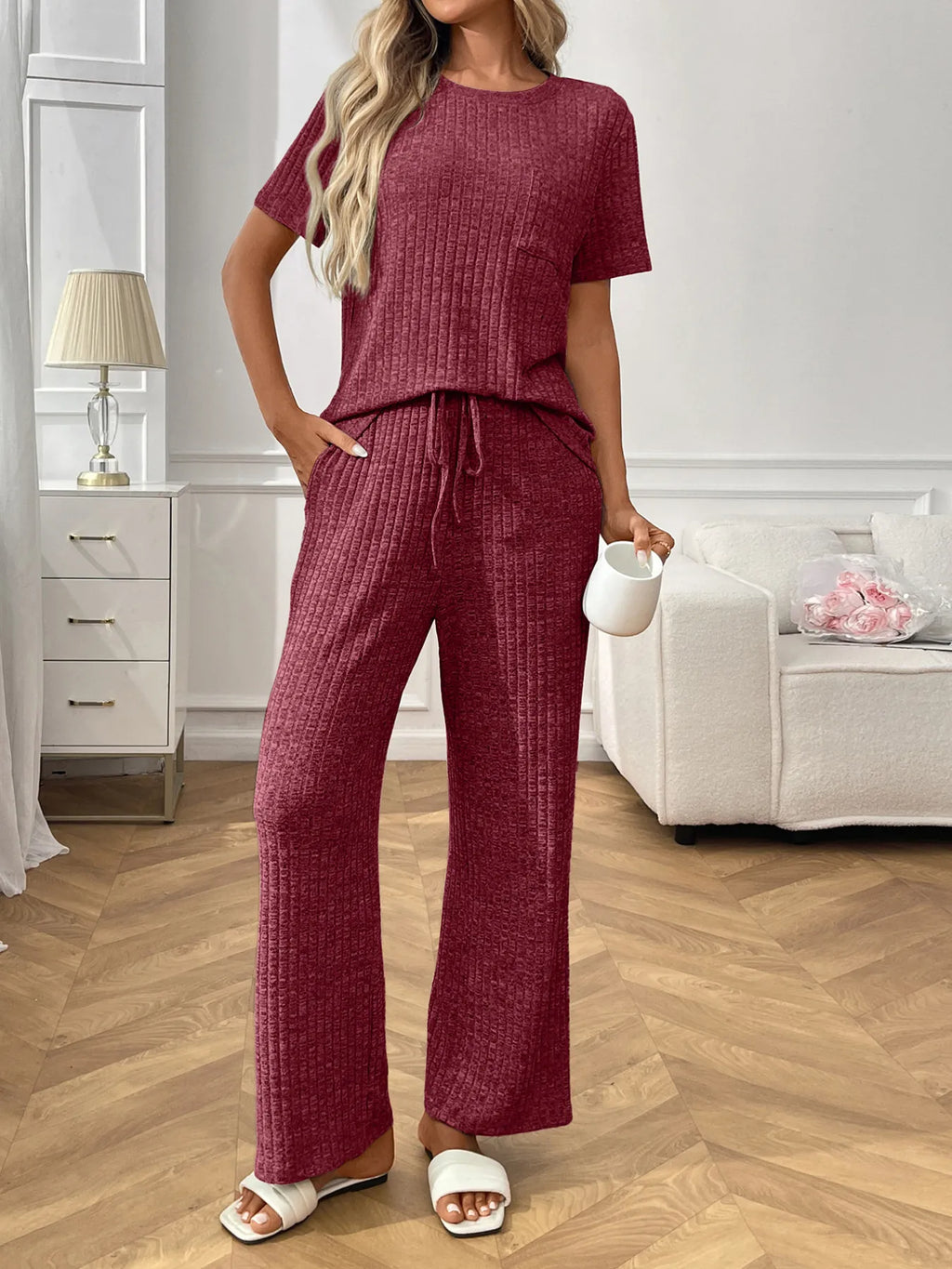Sarah Express Women's Ribbed Knit Short Sleeve Top and Pants Lounge Set