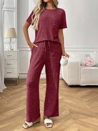 Sarah Express Women's Ribbed Knit Short Sleeve Top and Pants Lounge Set