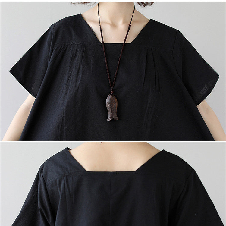 Women's Cotton Linen Midi Dress Short Sleeve Color Block - Casual Plus Size One Size Black