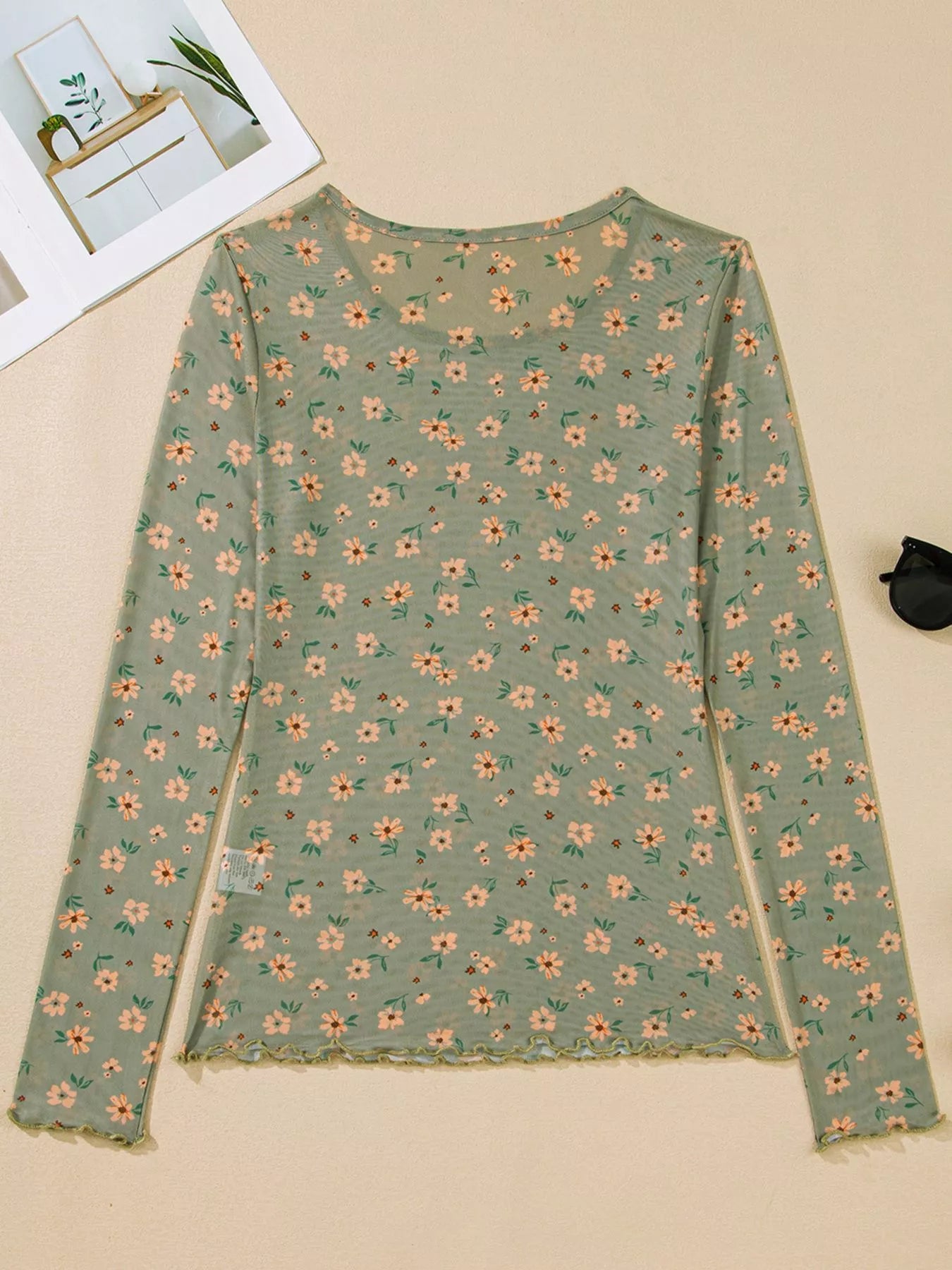 Sarah Express Women's Floral Print Mesh Long Sleeve Top