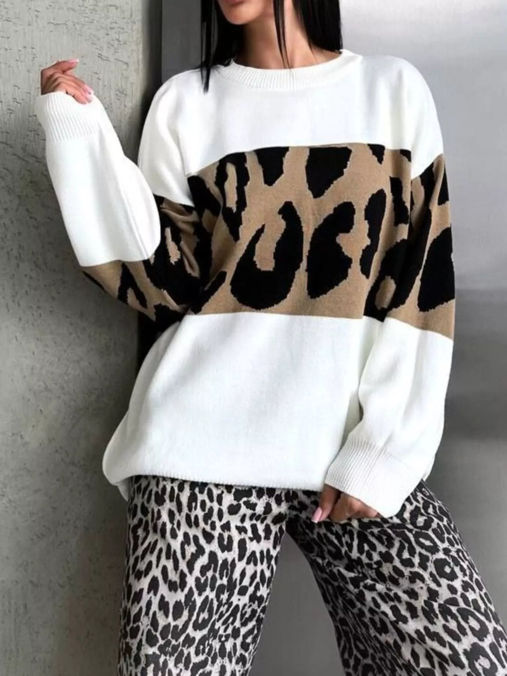 Sarah Express Women's Leopard Color Block Round Neck Sweater
