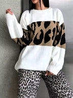 Sarah Express Women's Leopard Color Block Round Neck Sweater