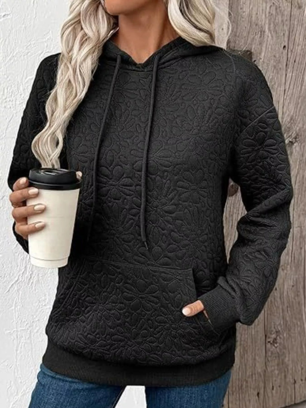 Sarah Express Women's Textured Floral Quilted Hoodie Black