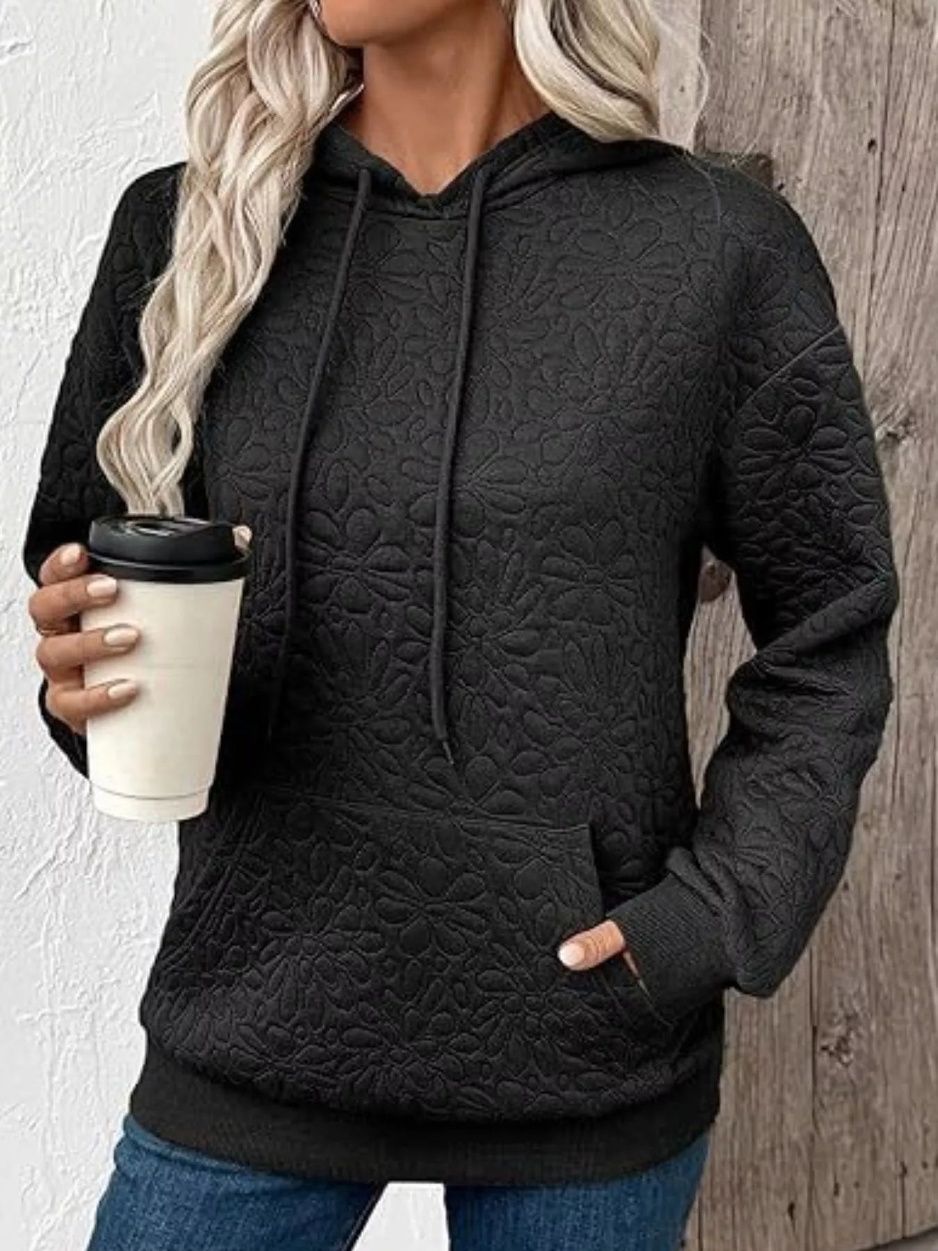 Sarah Express Women's Textured Floral Quilted Hoodie Black