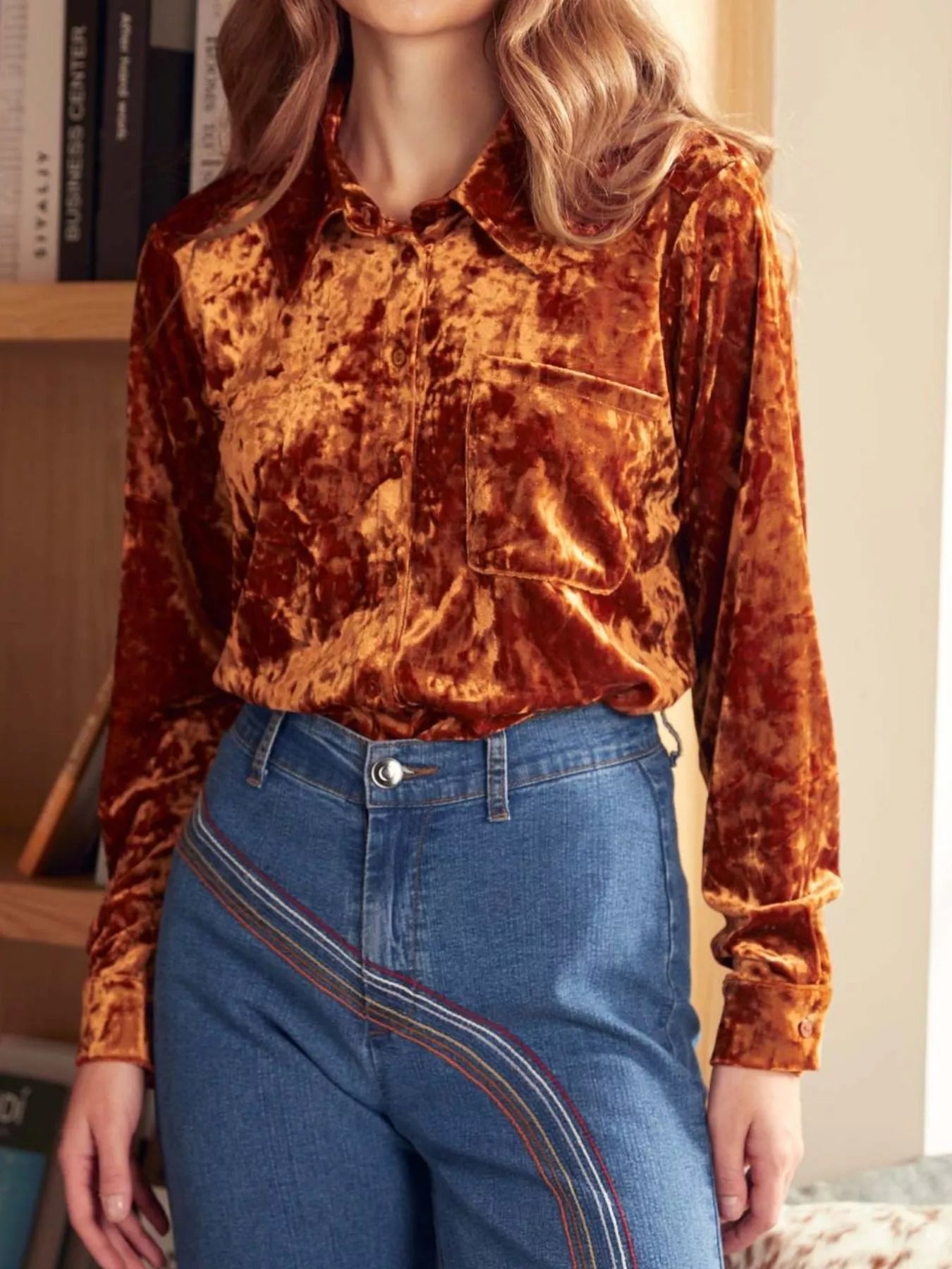 Sarah Express Women's Velvet Button-Down Long Sleeve Shirt