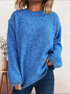 Sarah Express Women's Contrast Trim Round Neck Cozy Sweater