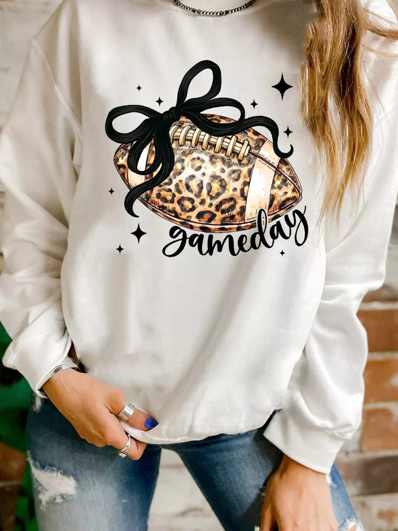 Sarah Express Women's Game Day Leopard Rugby Graphic Crew Neck Sweatshirt