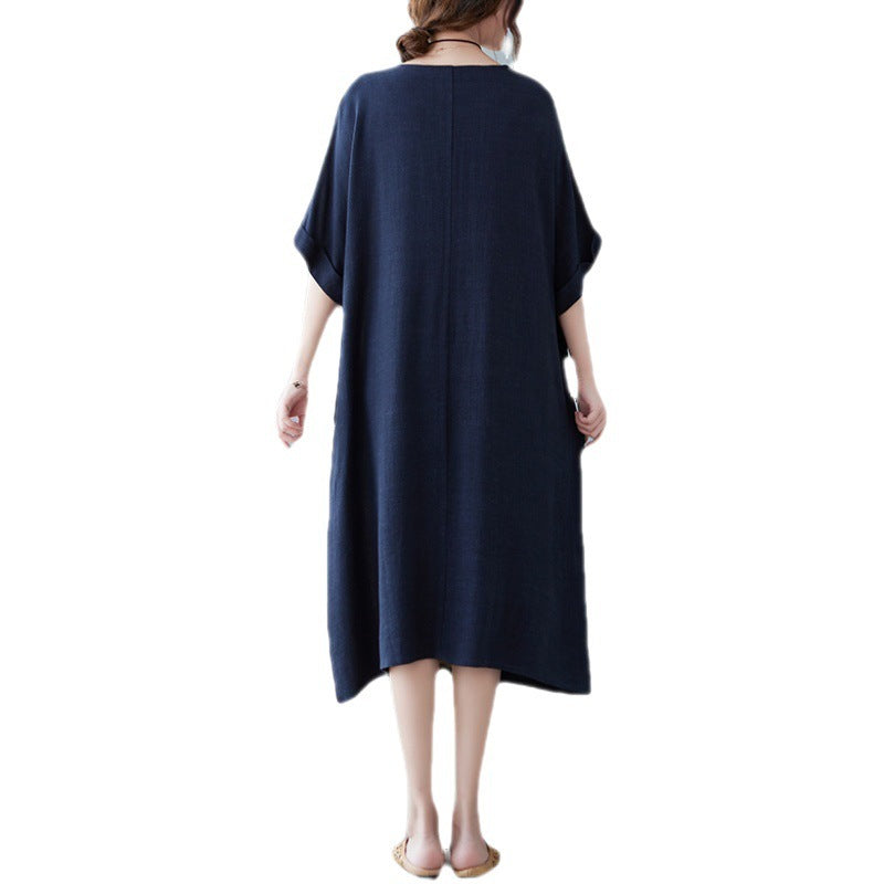 Women's Cotton Linen Contrast Paneled Dress Loose Fit Half Sleeve Midi Literary Style