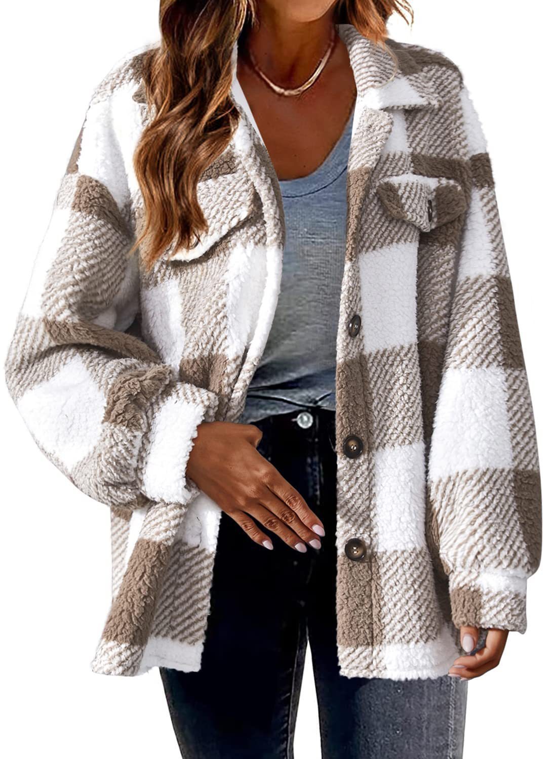 Women's Striped Plush Jacket - Button-Front Shacket Coat in 8 Colors - Loose Fit S-5XL Plus Size