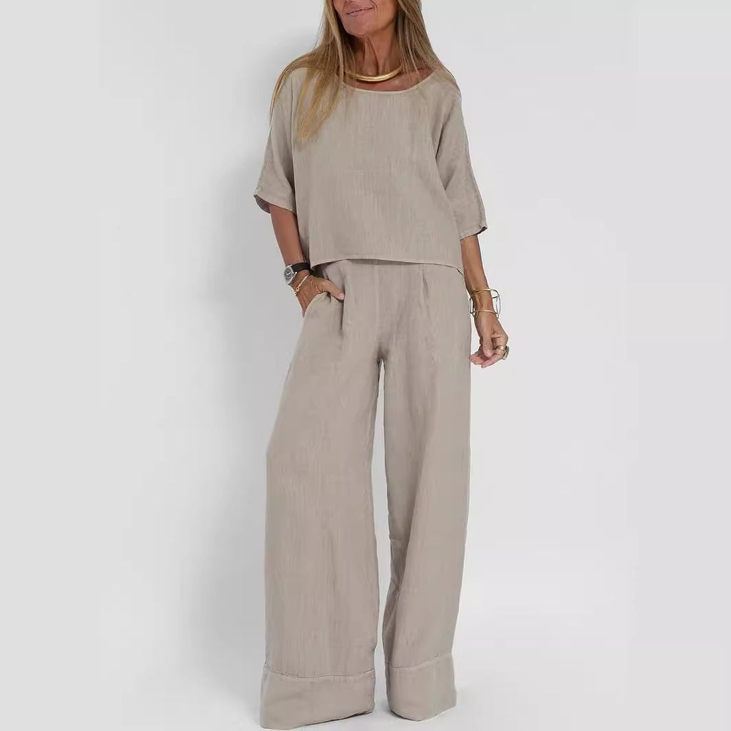 Cotton Linen Two-Piece Pants Suit Cropped Sleeve Wide Leg Casual Set