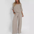 Cotton Linen Two-Piece Pants Suit Cropped Sleeve Wide Leg Casual Set
