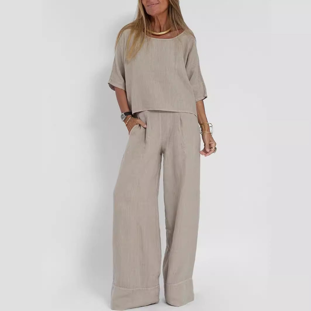 Cotton Linen Two-Piece Pants Suit Cropped Sleeve Wide Leg Casual Set
