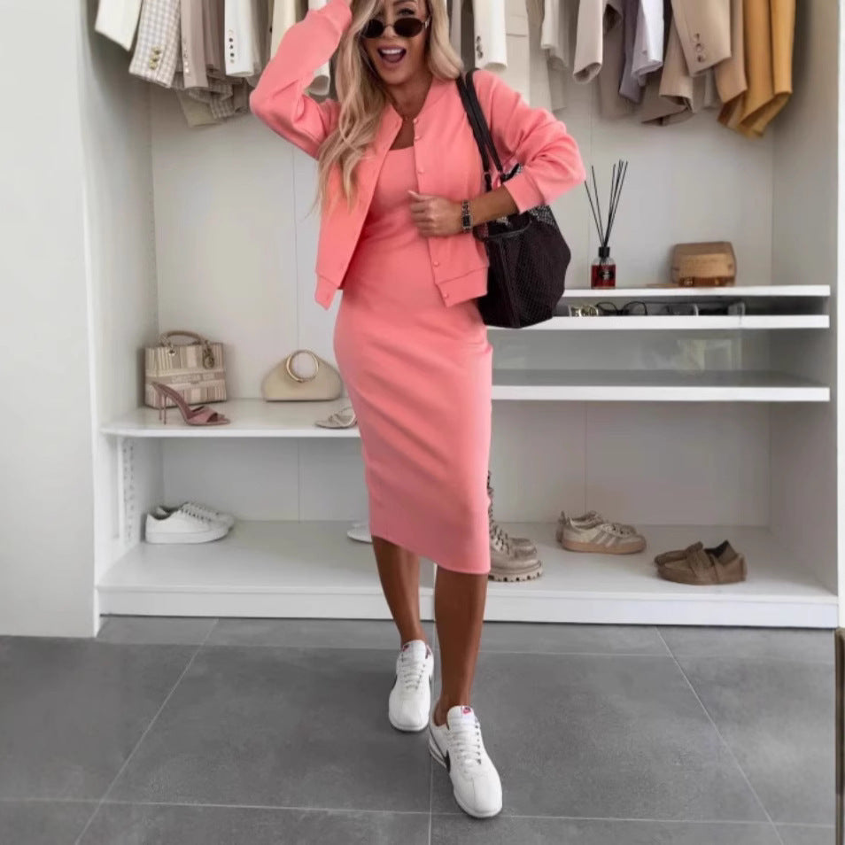 Women's Slip Dress and Cardigan Two Piece Set Long Sleeve Korean Casual Style