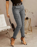 Women's Low Waist Cotton Blend Cargo Overalls Loose Fit Button Detail Trousers