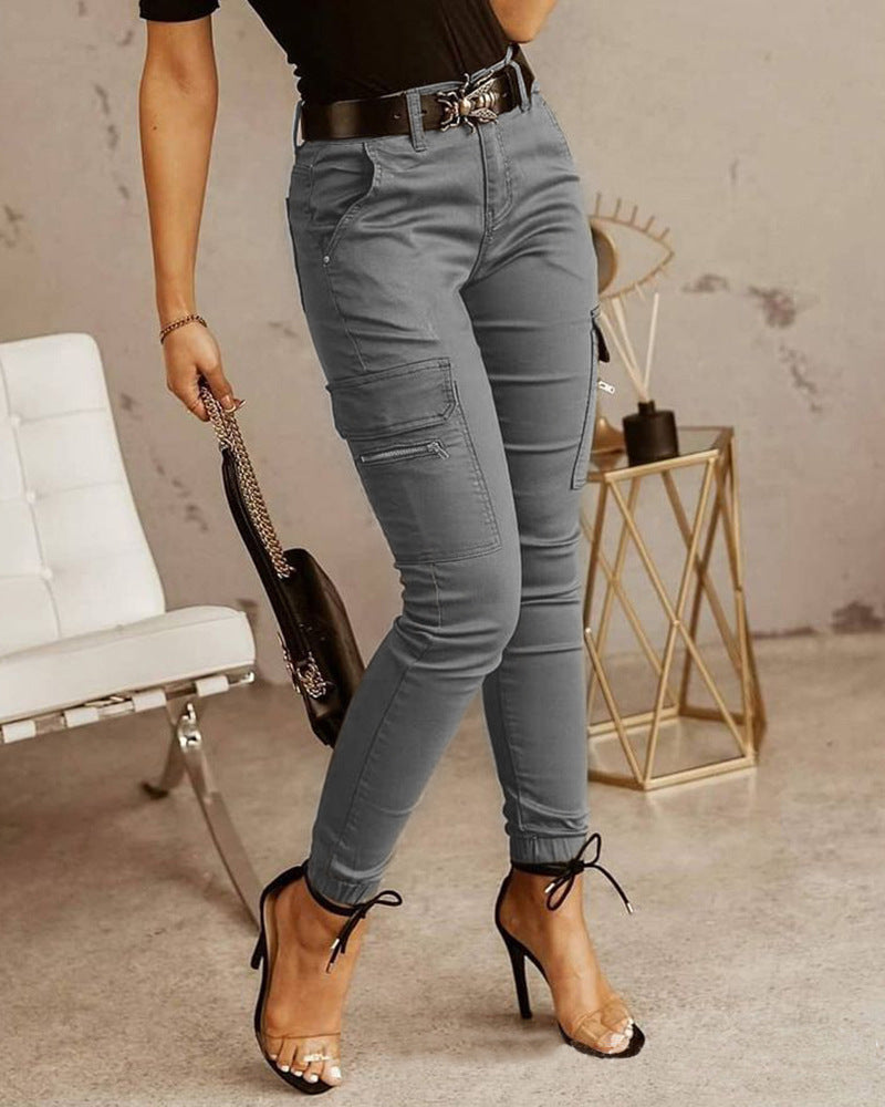 Women's Low Waist Cotton Blend Cargo Overalls Loose Fit Button Detail Trousers