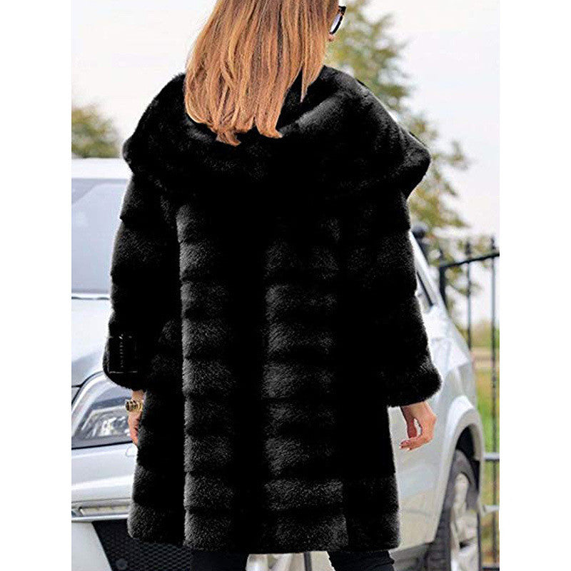 Plush Faux Fur Hooded Coat Loose Fit Medium Length