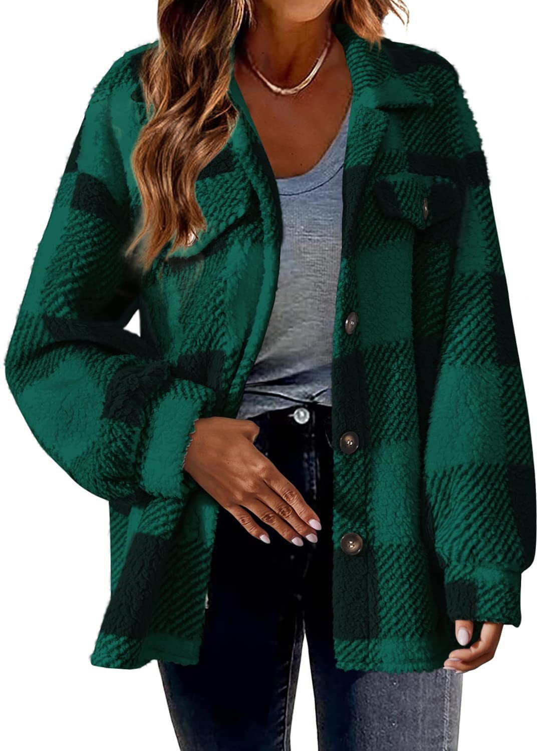 Women's Striped Plush Jacket - Button-Front Shacket Coat in 8 Colors - Loose Fit S-5XL Plus Size