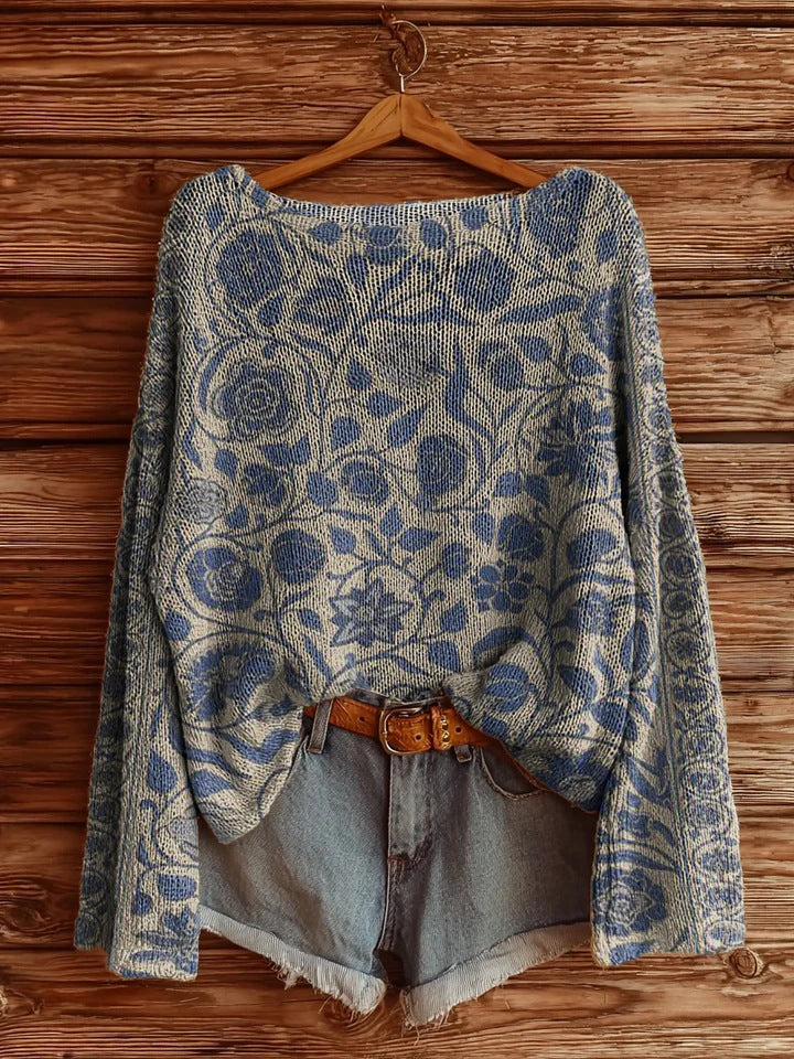 Women's Floral Printed Long Sleeve Pullover Top Brushed Loose Fit