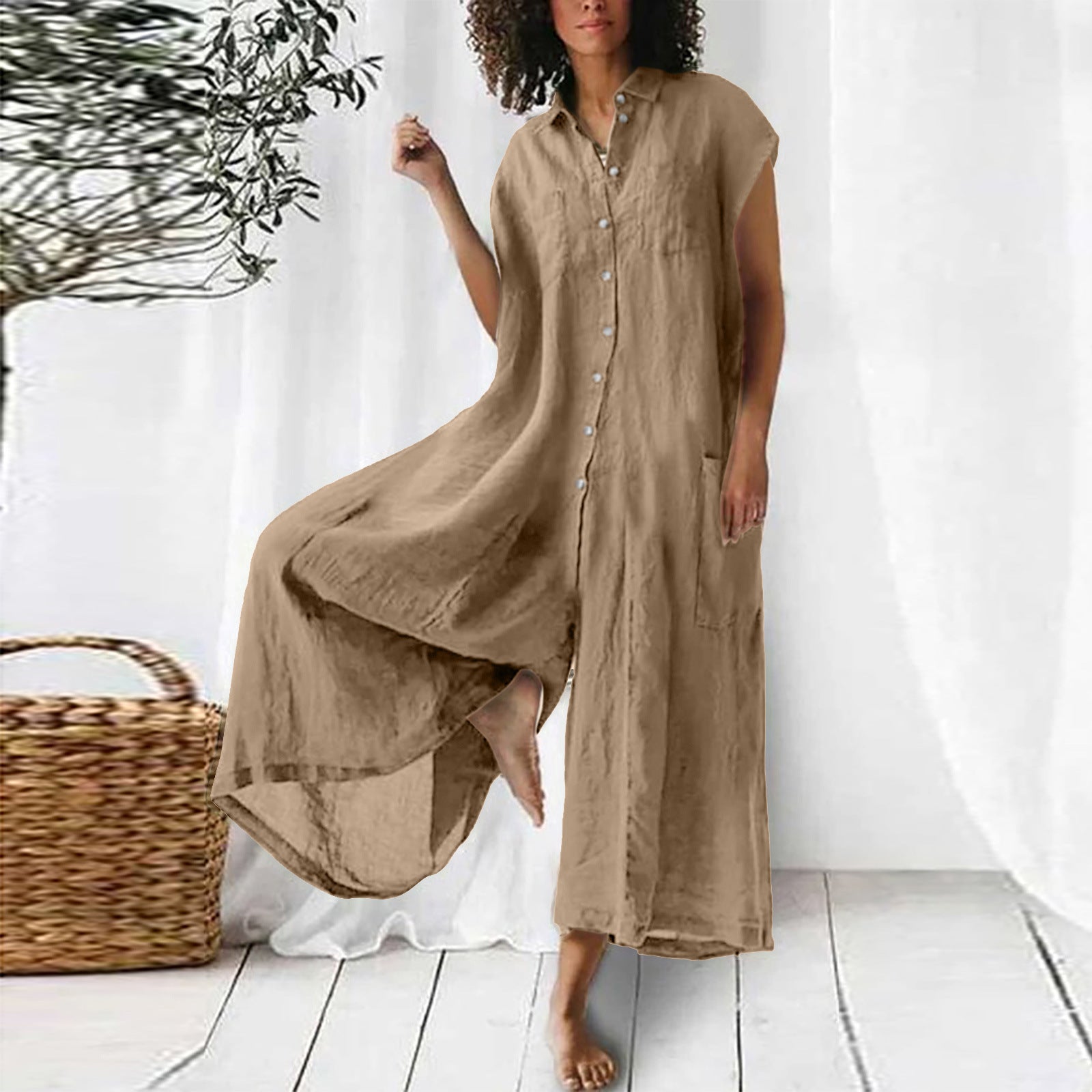 Short Sleeve Mid-Length Linen Jumpsuit Casual