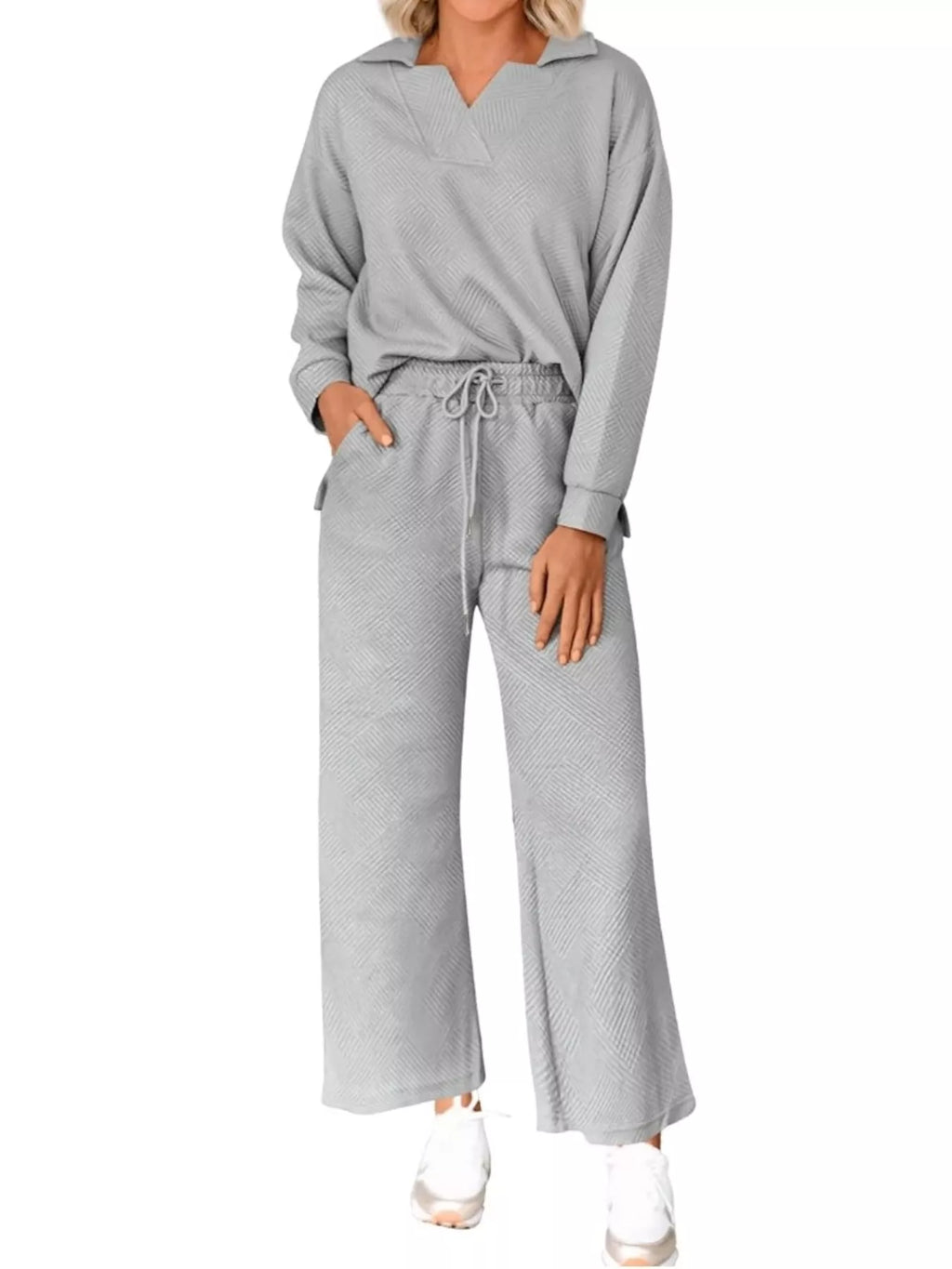 Sarah Express Women's Side Slit Textured Top and Drawstring Pants Set