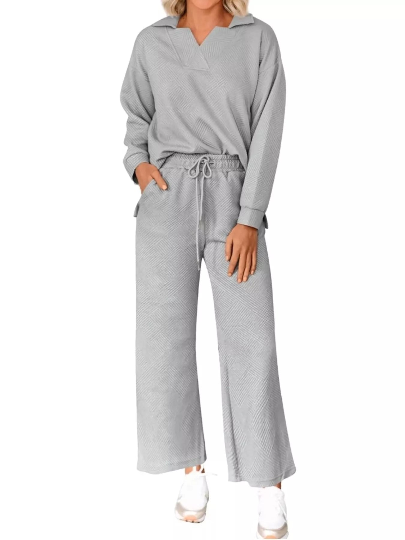 Sarah Express Women's Side Slit Textured Top and Drawstring Pants Set