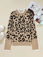 Sarah Express Women's Leopard Pattern Lace Ribbed Detail Button Cuffed Sweater