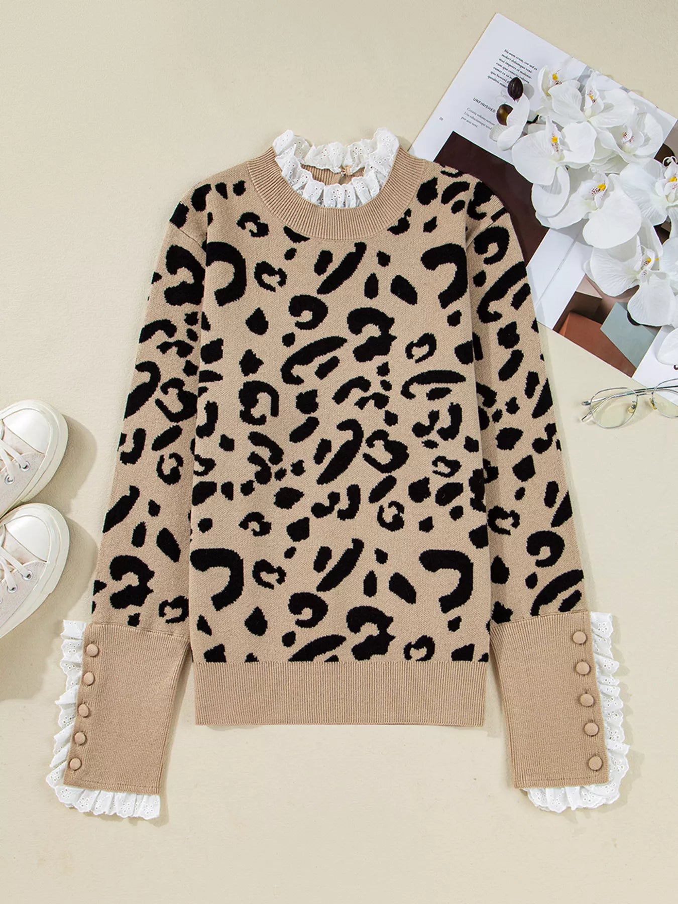 Sarah Express Women's Leopard Pattern Lace Ribbed Detail Button Cuffed Sweater