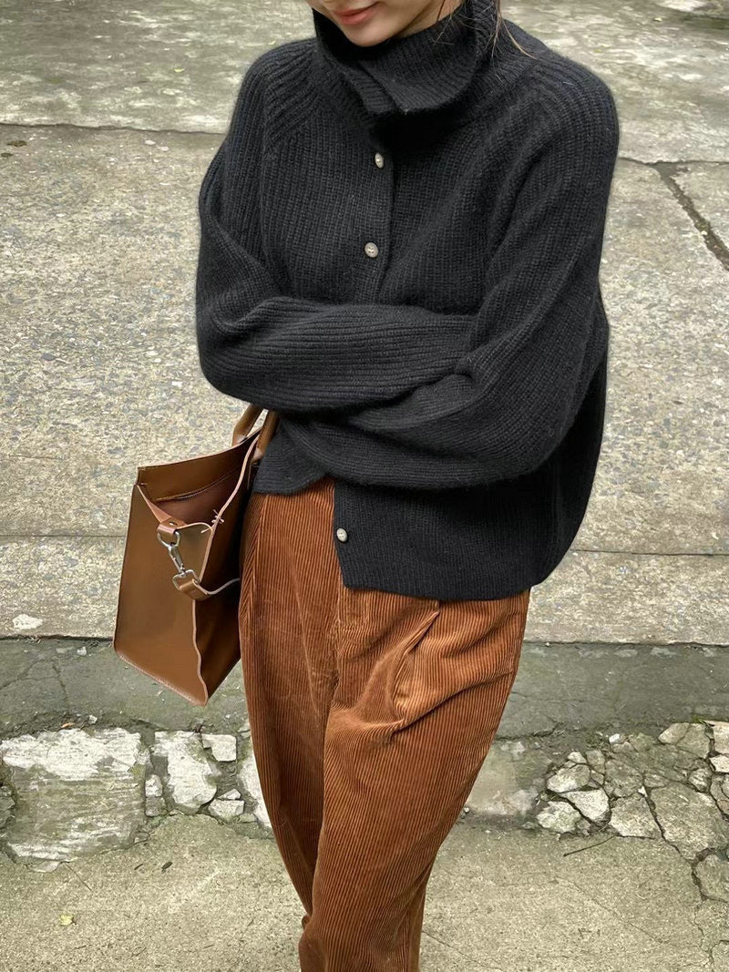 Women's Bedford Cord Knit Cardigan Single-Breasted Loose Fit Thick Sweater