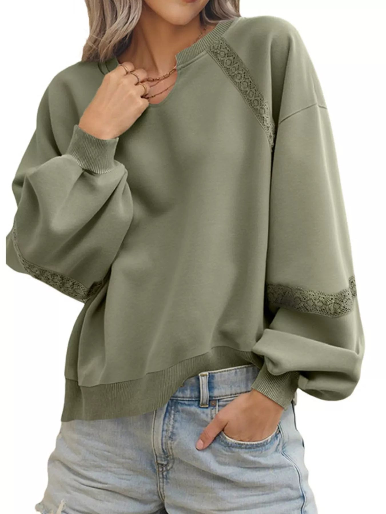Sarah Express Women's Lace Detail Notched Long Sleeve Sweatshirt - Oversized Casual Pullover Matcha Green