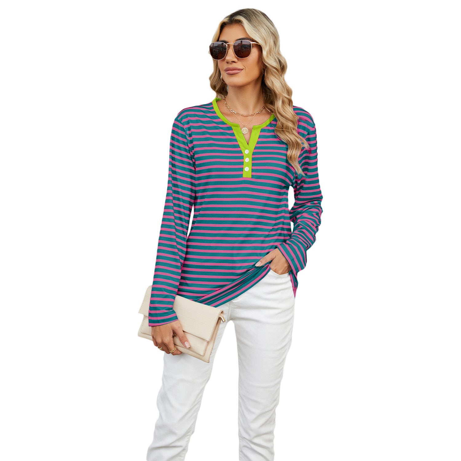 Women's V-Neck Striped Long Sleeve T-Shirt Loose Fit Casual Top